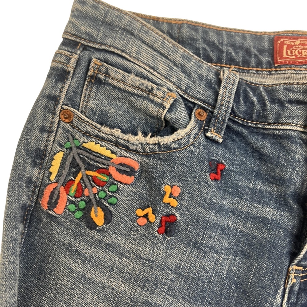 Lucky Brand Ava Skinny Jeans Womens 0/25 Blue Embroidered Floral Distressed‎